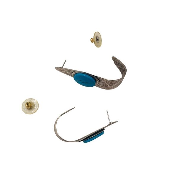 Vintage pierced zig zag textured silver tone faux turquoise stones earrings - Picture 6 of 8